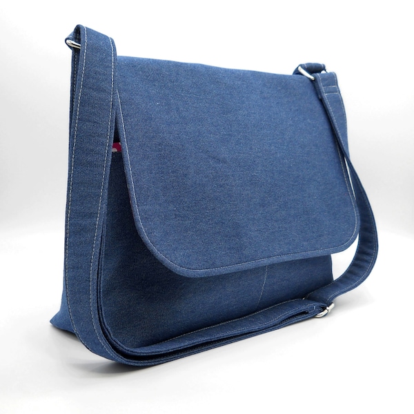 Blue Denim Messenger Purse for Women, Fabric Pocketbook, Cotton Crossbody Bag, Blue Cross Body Purse, Denim Handbag, Pink Polka Dots