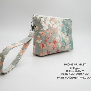 Small Cherry Blossom Wristlet, Fabric Wristlet Clutch, Peach Gray Phone Purse, Card Pockets, Flat Bottom Pouch, Cotton Pouch, Small Purse