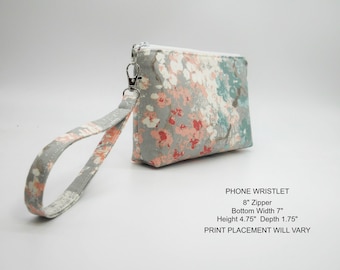 Small Cherry Blossom Wristlet, Fabric Wristlet Clutch, Peach Gray Phone Purse, Card Pockets, Flat Bottom Pouch, Cotton Pouch, Small Purse