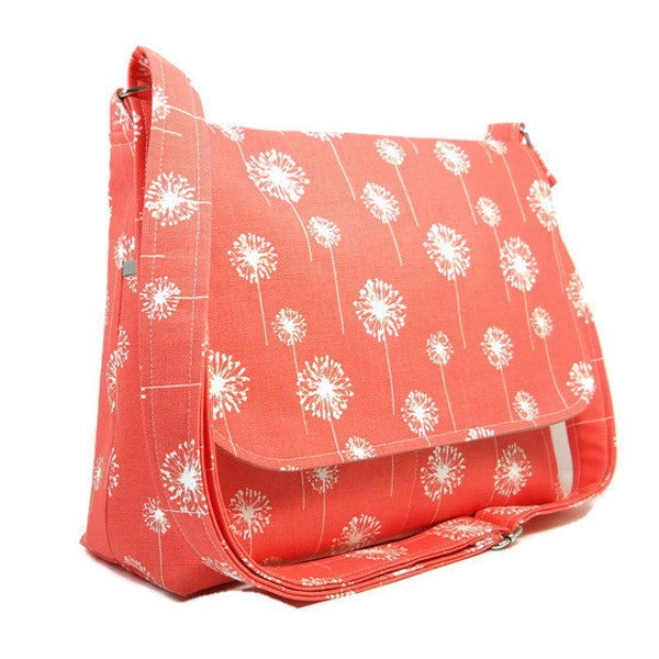 Women's Messenger Bag, Coral Dandelion Purse, Canvas Crossbody Bag, Shoulder Bag, Fabric Purse, Medium Dandelion Pocketbook, Cross Body Bag