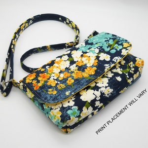 Small Floral Purse, Small Cross Body Bag, Mini Messenger Bag, Navy Yellow Purse, Adjustable Strap, Mini Crossbody Purse, Handmade Purse