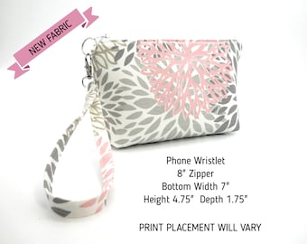 Pink Gray Floral Wristlet Purse, Fabric Wristlet Clutch, Pink Gray Phone Purse, Card Pockets, Flat Bottom Pouch, Cotton Pouch, Small Purse