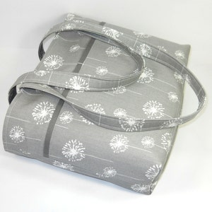 Double Strap Shoulder Tote Purse, Gray Dandelion Bag, Gray White Pocketbook, Fabric Handbag, Shoulder Bag, Medium Gray Purse, Key Clip image 5