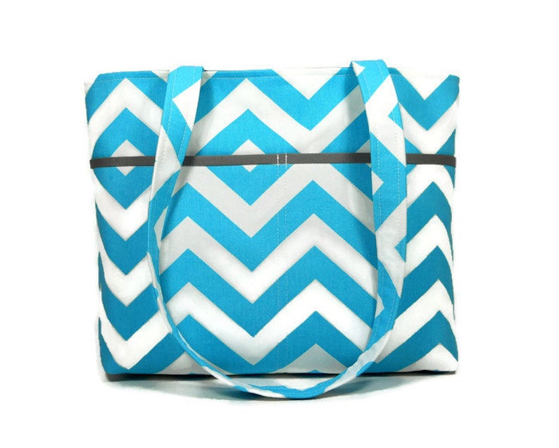 Blue Chevron Purse, Double Strap Shoulder Bag, Aqua White Pocketbook, Fabric Purse, Shoulder Bag, Medium Blue Tote Purse, Key Clip, Handbag image 1