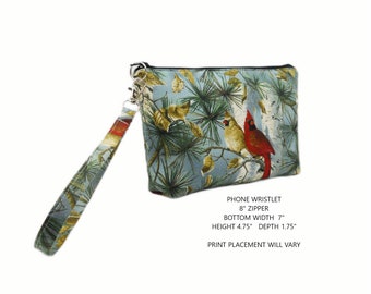 New Size, 9 Inch Cardinals Trees Phone Wristlet, Fabric Phone Clutch, Flat Bottom Pouch, Birds Wrist Bag, Winter Wristlet, Cotton Clutch