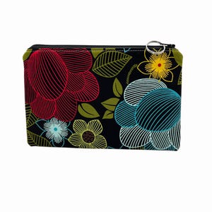 Floral Pouch on Black, Zipper Pouch, Cosmetic Bag, Pencil Bag, Purse Pouch, Multi Floral Makeup Bag, Medium Pouch, E-cig Bag, Line Flowers