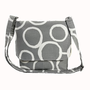 Bolso bandolera gris, bolso tipo mensajero para mujer, bolso bandolera de tela, monedero gris pequeño, bolso de mano de algodón, cartera gris con círculos blancos