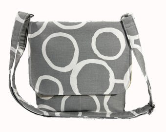 Gray Crossbody Bag, Messenger Purse for Women, Fabric Cross Body Bag, Small Gray Purse, Cotton Handbag, Gray Pocketbook with White Circles