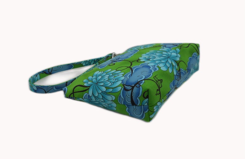 9 Inch Water Lily Wristlet, Fabric Phone Clutch, Flat Bottom Pouch, Blue Green Wristlet, Removable Strap Wristlet, Cotton Wrist Bag image 8