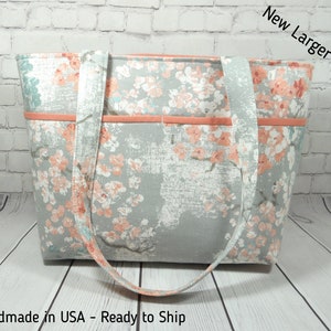 Cherry Blossom Purse,  Gray Peach Floral Tote, Double Strap Bag, Open Top Bag, Ready to Ship, Cotton Handbag, Fabric Purse, Handmade Purse