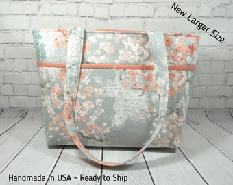 Cherry Blossom Purse,  Gray Peach Floral Tote, Double Strap Bag, Open Top Bag, Ready to Ship, Cotton Handbag, Fabric Purse, Handmade Purse