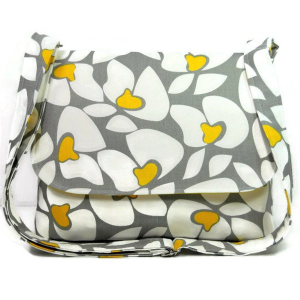 Women's Messenger Bag Purse, Crossbody Bag, Fabric Pocketbook, Shoulder Bag - Yellow Gray and White Floral - Premier Prints Helen in Storm