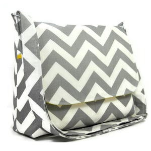 Gray Chevron Handbag, Women's Messenger Bag, Gray Chevron Purse, Gray Zig Zag Crossbody Bag, Chevron Purse, Gray White and Yellow Messenger image 1