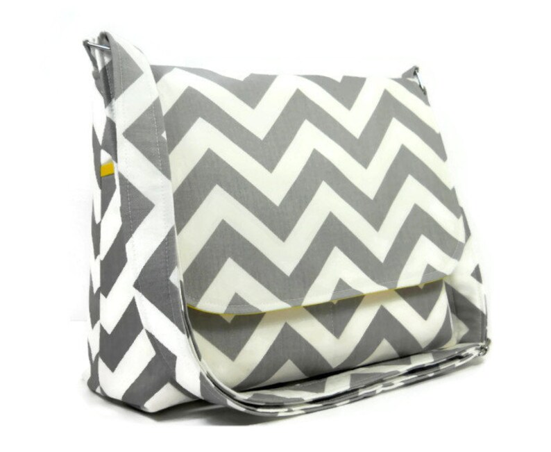 Gray Chevron Handbag, Women's Messenger Bag, Gray Chevron Purse, Gray Zig Zag Crossbody Bag, Chevron Purse, Gray White and Yellow Messenger image 1