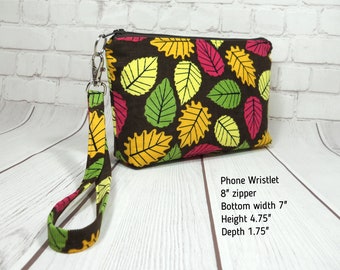 Fall Leaves iPhone Wristlet,  Phone Clutch, Brown Corduroy Pouch, Flat Bottom Pouch, Brown Wristlet Clutch, Small Purse, Colorful Wristlet