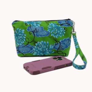 9 Inch Water Lily Wristlet, Fabric Phone Clutch, Flat Bottom Pouch, Blue Green Wristlet, Removable Strap Wristlet, Cotton Wrist Bag image 6