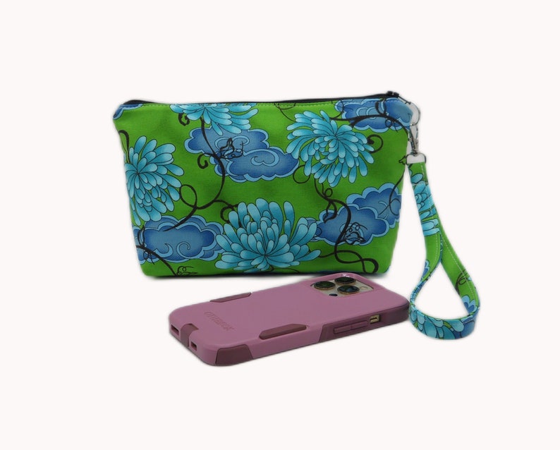 9 Inch Water Lily Wristlet, Fabric Phone Clutch, Flat Bottom Pouch, Blue Green Wristlet, Removable Strap Wristlet, Cotton Wrist Bag image 6