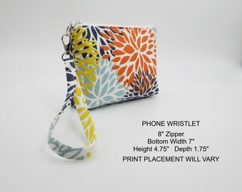 Floral Wristlet Purse, Fabric Wristlet Clutch, Orange Yellow Blue Phone Purse, Card Pockets, Flat Bottom Pouch, Cotton Pouch, Small Purse