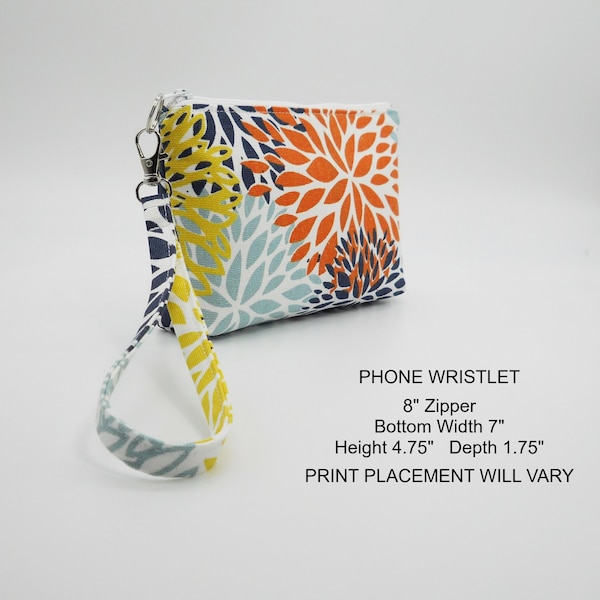 Floral Wristlet Purse, Fabric Wristlet Clutch, Orange Yellow Blue Phone Purse, Card Pockets, Flat Bottom Pouch, Cotton Pouch, Small Purse