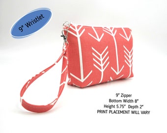 Coral Arrow Wristlet, Fabric Phone Clutch, Flat Bottom Pouch, Phone Purse, Removable Strap, Cotton Wrist Bag, Coral White Bag, Small Purse