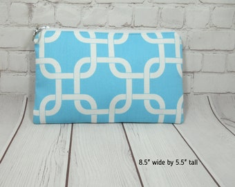 Aqua Geometric Zipper Pouch, Student Pouch, Cosmetic Bag, Makeup Bag Pouch,  Pencil Pouch, Zip Bag, Cotton Zipper Case, Purse Organizer