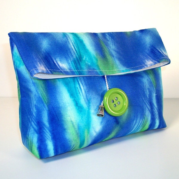 Clearance - Foldover Pouch Cosmetic Bag Flat Bottom - Teal Blue and Lime Green Cotton