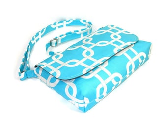Aqua Blue Mini Purse, Squares Print Small Bag, Small Messenger Bag, Teen Purse, Blue Crossbody Bag, Fabric Handbag, Cloth Pocketbook