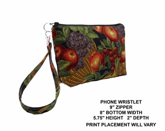 Fruit Basket Wristlet, Apple Grape Cherry on Black, Phone Clutch, Flat Bottom Pouch, Wrist Bag, Removable Strap, Cotton Bag, Holiday Gift