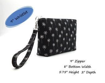 9 Inch Black Dandelion Wristlet, Fabric Phone Clutch, Flat Bottom Pouch, Smartphone Wristlet, Removable Strap Wristlet, Cotton Wrist Bag