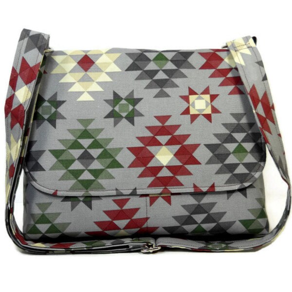 Southwest Tribal Print Purse, Women's Messenger Bag, Canvas Crossbody Bag, Gray Shoulder Bag, Pocketbook, Cotton Purse, Fabric Handbag