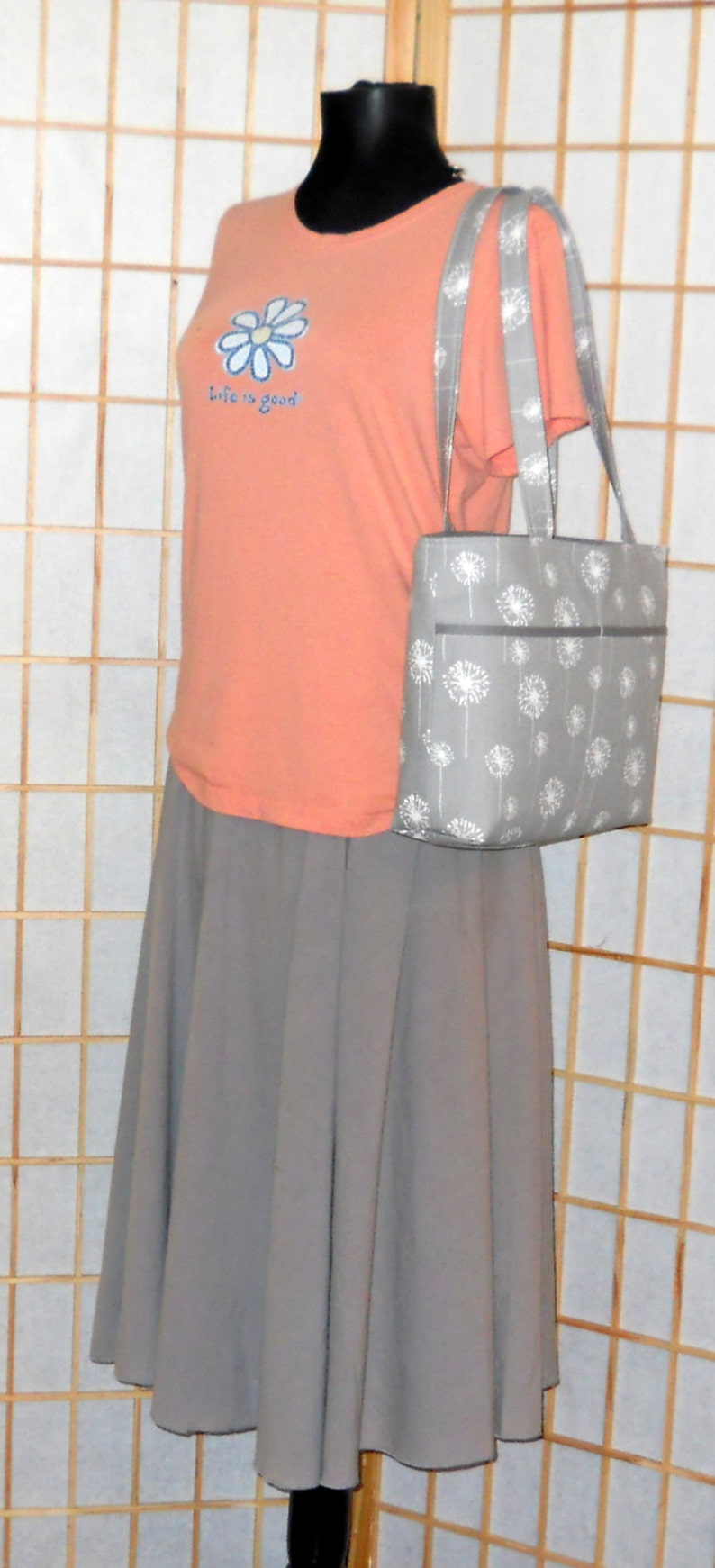 Double Strap Shoulder Tote Purse, Gray Dandelion Bag, Gray White Pocketbook, Fabric Handbag, Shoulder Bag, Medium Gray Purse, Key Clip image 6