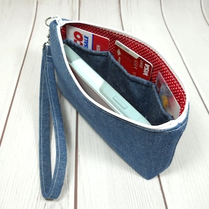 Blue Denim iPhone Wristlet, Fabric Phone Clutch, Small Denim Purse, Card Pockets, Flat Bottom Pouch, Smartphone Pouch, Small Wrist Bag image 3