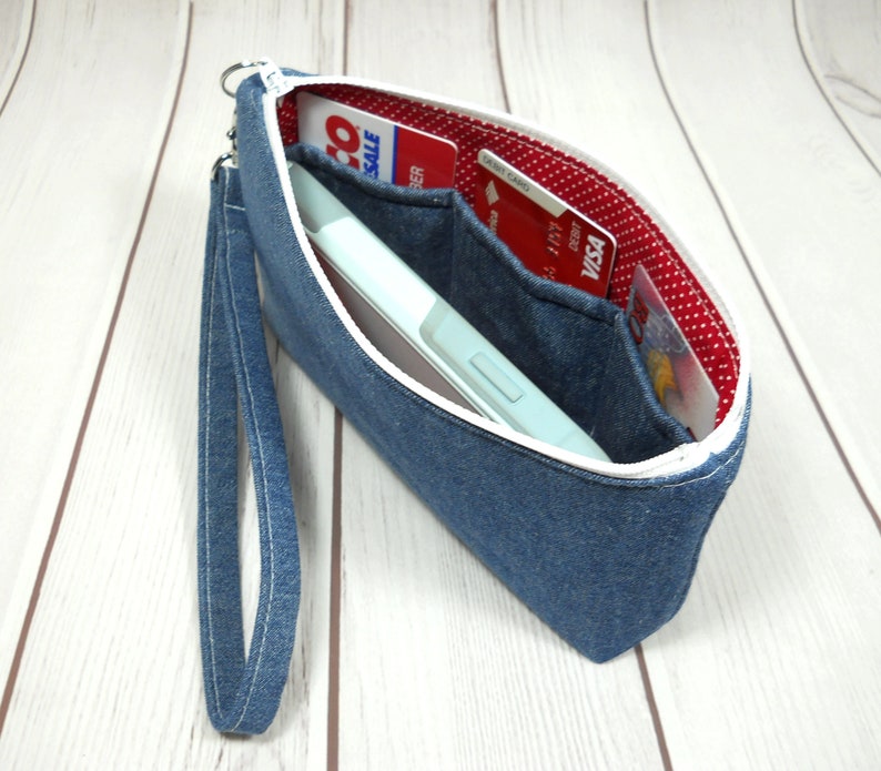 Blue Denim iPhone Wristlet, Fabric Phone Clutch, Small Denim Purse, Card Pockets, Flat Bottom Pouch, Smartphone Pouch, Small Wrist Bag image 3