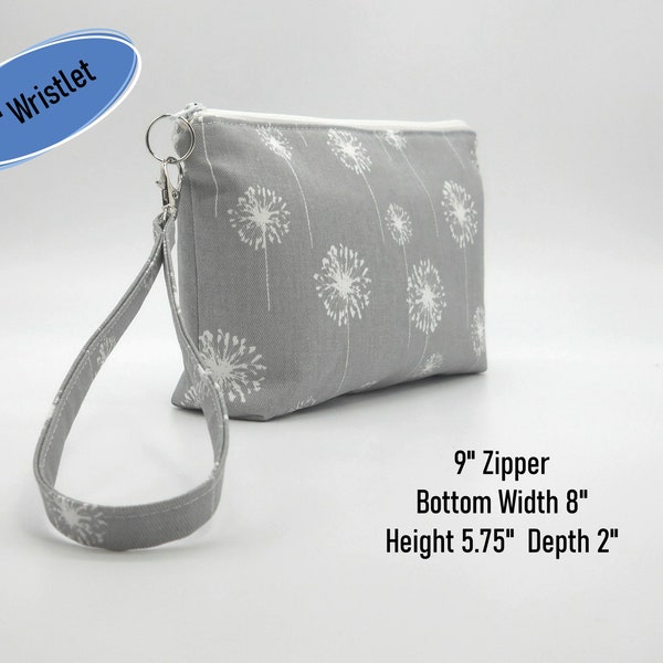 New Size, 9 Inch Gray Dandelion Phone Wristlet, Fabric Phone Clutch, Flat Bottom Pouch, Smartphone Wristlet, Wrist Bag, Gray Yellow Wristlet