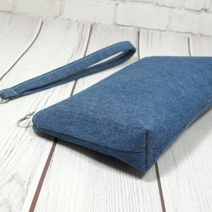 Blue Denim iPhone Wristlet, Fabric Phone Clutch, Small Denim Purse, Card Pockets, Flat Bottom Pouch, Smartphone Pouch, Small Wrist Bag image 9