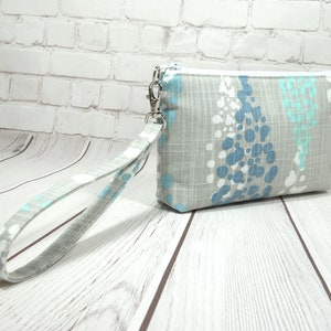 Gray Teal Phone Wristlet, Fabric Clutch, Gray Phone Handbag, Card Pockets, Flat Bottom Pouch, Cotton Pouch, Small Wrist Purse, Gray Wristlet