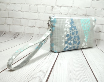 Gray Teal Phone Wristlet, Fabric Clutch, Gray Phone Handbag, Card Pockets, Flat Bottom Pouch, Cotton Pouch, Small Wrist Purse, Gray Wristlet