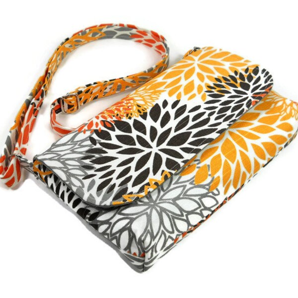 Mini sac messager, sac bandoulière, sac Cross de corps de la femme, livre à la main, Premier impressions fleurs flammé piment, sac Orange gris