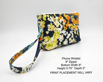 Floral Wristlet Purse, Fabric Wristlet Clutch, Yellow Navy Phone Purse, Card Pockets, Flat Bottom Pouch, Cotton Pouch, Small Purse