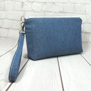 Blue Denim iPhone Wristlet, Fabric Phone Clutch, Small Denim Purse, Card Pockets, Flat Bottom Pouch, Smartphone Pouch, Small Wrist Bag image 1