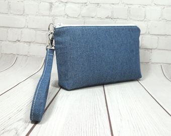 Blue Denim IPhone Wristlet, Fabric Phone Clutch, Small Denim Purse, Card Pockets, Flat Bottom Pouch, Smartphone Pouch, Small Wrist Bag