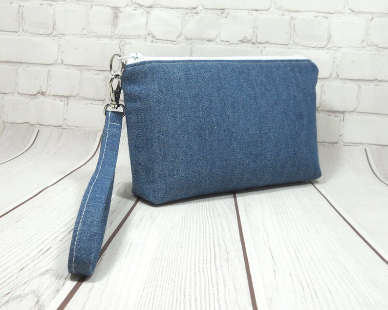 Blue Denim iPhone Wristlet, Fabric Phone Clutch, Small Denim Purse, Card Pockets, Flat Bottom Pouch, Smartphone Pouch, Small Wrist Bag image 1