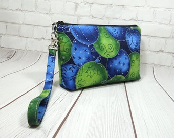 Christmas iPhone Wristlet, Fabric Phone Clutch, Blue Green Ornament Pouch, Flat Bottom Pouch, Cotton Wristlet Clutch, Small Purse,