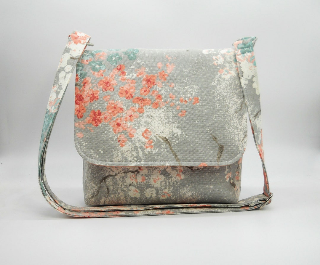 Small Crossbody Bag, Messenger Style Purse, Cherry Blossoms on Gray