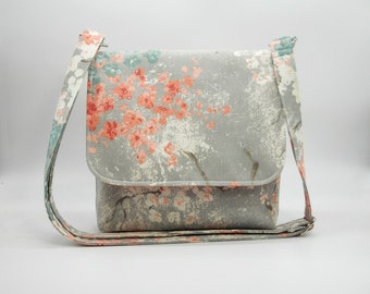 Small Crossbody Bag, Messenger Style Purse, Cherry Blossoms on Gray, Small Messenger Women, Spring Cross Body Bag, Gray Peach Purse