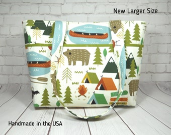 Woodland Tote Purse, Outdoor Camping Print Tote, Double Strap Bag, Open Top Bag, Ready to Ship, Cotton Handbag, Fabric Purse, Handmade Purse