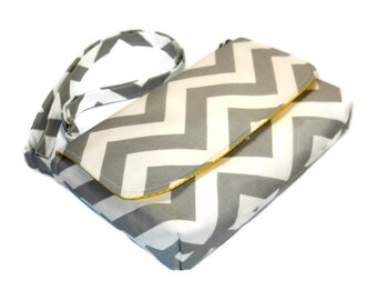 Small Gray Chevron Purse, Mini Messenger Bag, Chevron Pocketbook, Gray and Yellow Crossbody Bag - Gray Chevron Bag, Long Adjustable Strap