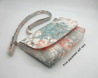 Cherry Blossom Purse, Small Cross Body Bag, Mini Messenger Bag, Peach Gray Purse, Adjustable Strap, Mini Crossbody Purse, Handmade Purse