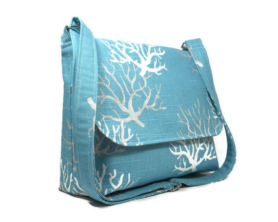Aqua Blue Messenger Bag for Women, Coral Print Purse, Fabric