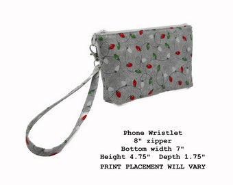 Christmas Lights Wristlet Purse, Fabric Wristlet Clutch, Gray Phone Purse, Card Pockets, Flat Bottom Pouch, Cotton Pouch, Small Purse